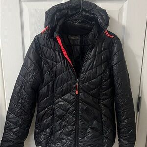 Black Quilted Hooded Puffer Jacket with Pink Trim